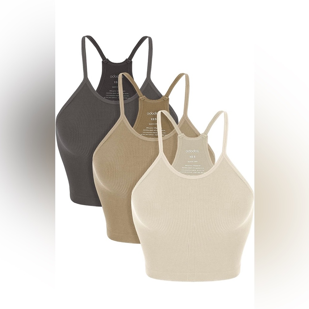 ODODOS Women’s Crop 3-Pack      Camisole Crop Tank Tops Washed Seamless Rib-Knit